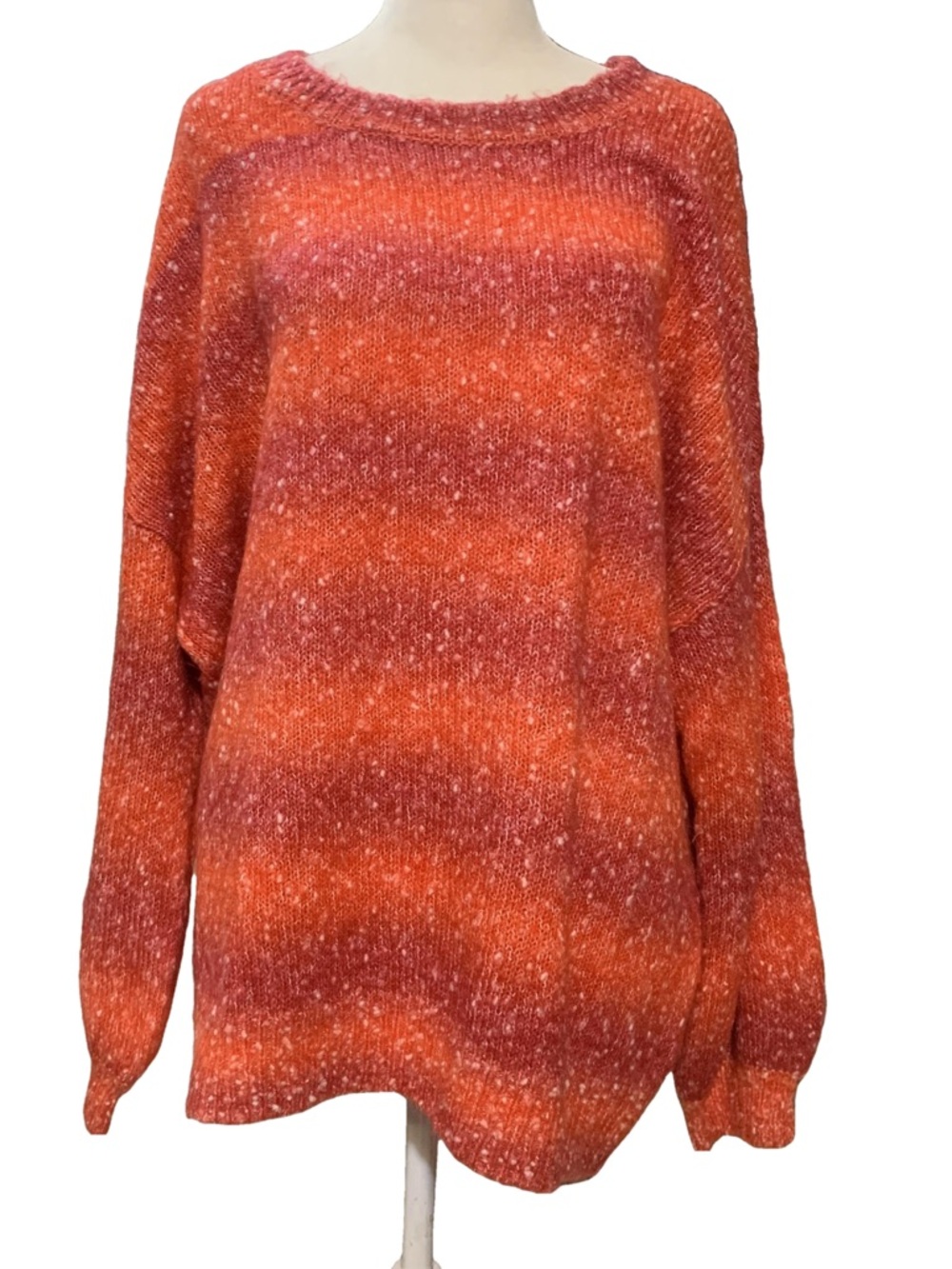 Calvin Klein Orange & Pink Striped Knit Wool Blend Long Sleeve Crew Neck Sweater